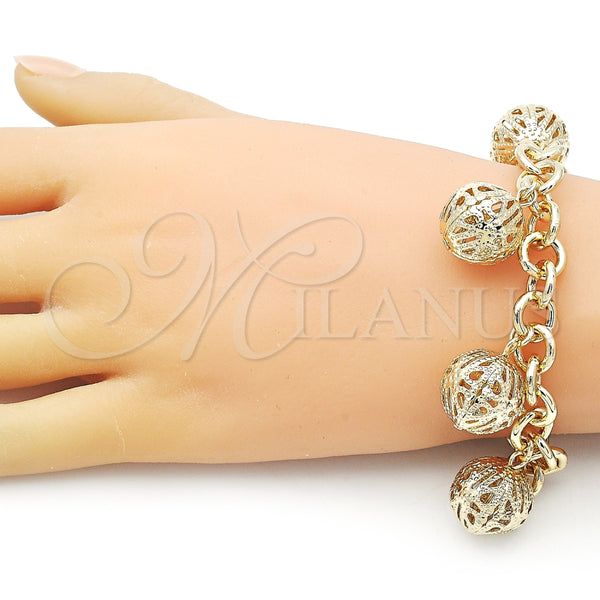 Pulsera de Dije 03.331.0303.08 Oro Laminado, Diseño de Rolo y Bola, Pulido, Tono Dorado (10 MM Thickness, 8 Inches Length)
