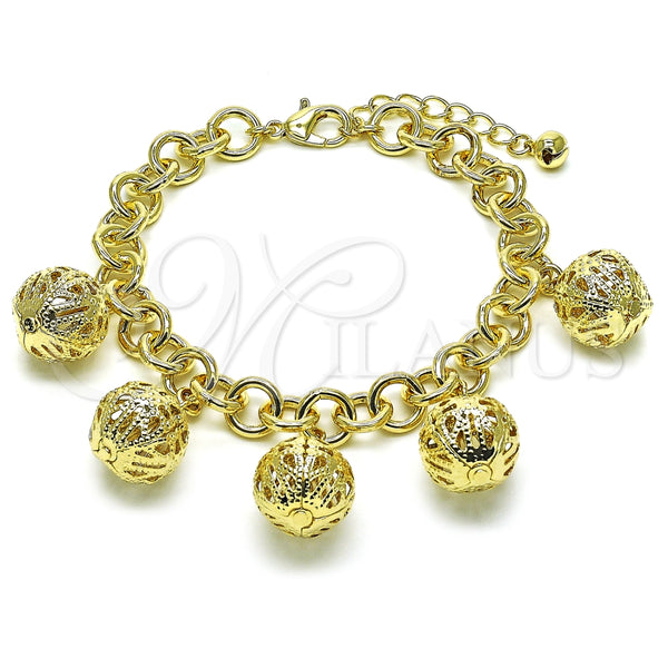 Pulsera de Dije 03.331.0303.08 Oro Laminado, Diseño de Rolo y Bola, Pulido, Tono Dorado (10 MM Thickness, 8 Inches Length)