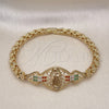 Pulsera Elegante 03.283.0402.07 Oro Laminado, Diseño de Guadalupe y Flor, con Multicolor Zirconia Cubica, Pulido, Tono Dorado (06 MM Thickness, 7 Inches Length)