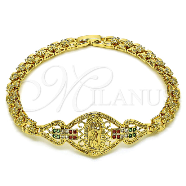 Pulsera Elegante 03.283.0402.07 Oro Laminado, Diseño de Guadalupe y Flor, con Multicolor Zirconia Cubica, Pulido, Tono Dorado (06 MM Thickness, 7 Inches Length)