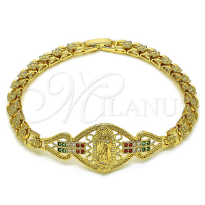 Pulsera Elegante 03.283.0402.07 Oro Laminado, Diseño de Guadalupe y Flor, con Multicolor Zirconia Cubica, Pulido, Tono Dorado (06 MM Thickness, 7 Inches Length)