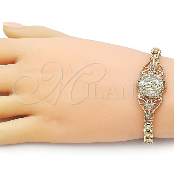 Pulsera Elegante 03.283.0404.07 Oro Laminado, Diseño de Guadalupe y Mariposa, con Blanca Zirconia Cubica, Pulido, Tono Dorado (06 MM Thickness, 7 Inches Length)