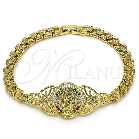Pulsera Elegante 03.283.0404.1.07 Oro Laminado, Diseño de Guadalupe y Corazón, con Multicolor Zirconia Cubica, Pulido, Tono Dorado (06 MM Thickness, 7 Inches Length)