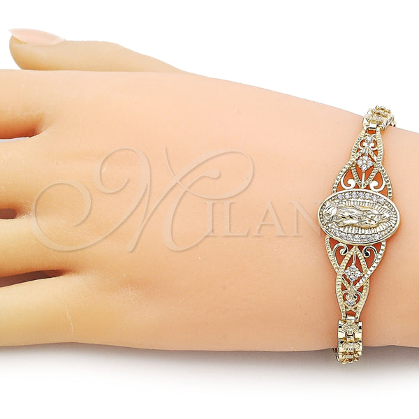 Pulsera Elegante 03.283.0407.07 Oro Laminado, Diseño de Guadalupe y Flor, con Blanca Zirconia Cubica, Pulido, Tono Dorado (06 MM Thickness, 8 Inches Length)