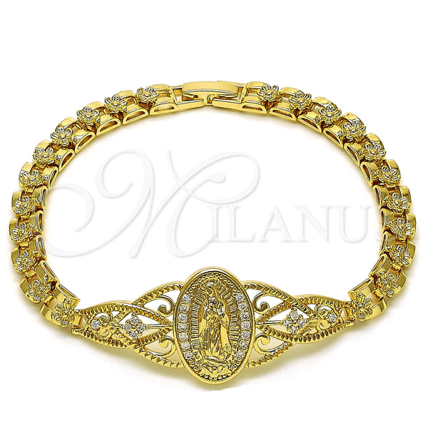 Pulsera Elegante 03.283.0407.07 Oro Laminado, Diseño de Guadalupe y Flor, con Blanca Zirconia Cubica, Pulido, Tono Dorado (06 MM Thickness, 8 Inches Length)