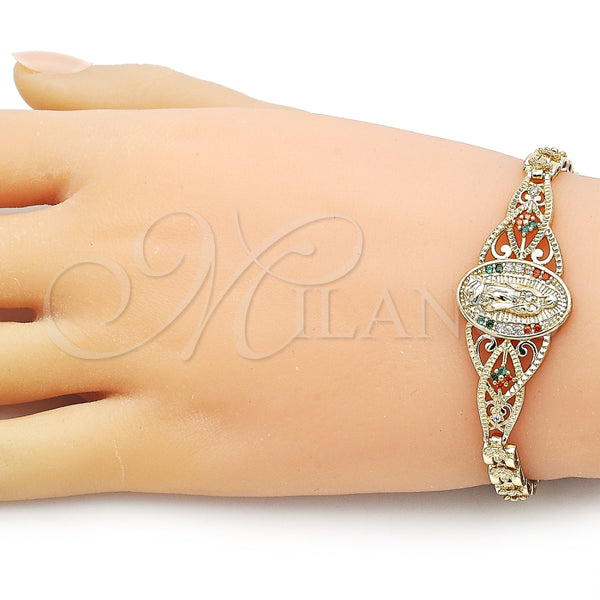 Pulsera Elegante 03.283.0407.1.07 Oro Laminado, Diseño de Guadalupe y Corazón, con Multicolor Zirconia Cubica, Pulido, Tono Dorado (06 MM Thickness, 8 Inches Length)