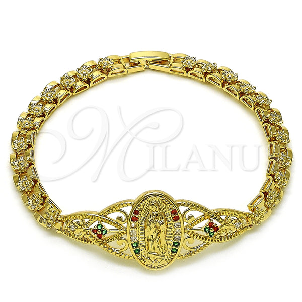 Pulsera Elegante 03.283.0407.1.07 Oro Laminado, Diseño de Guadalupe y Corazón, con Multicolor Zirconia Cubica, Pulido, Tono Dorado (06 MM Thickness, 8 Inches Length)