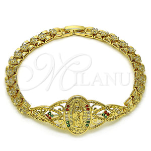 Pulsera Elegante 03.283.0407.1.07 Oro Laminado, Diseño de Guadalupe y Corazón, con Multicolor Zirconia Cubica, Pulido, Tono Dorado (06 MM Thickness, 8 Inches Length)
