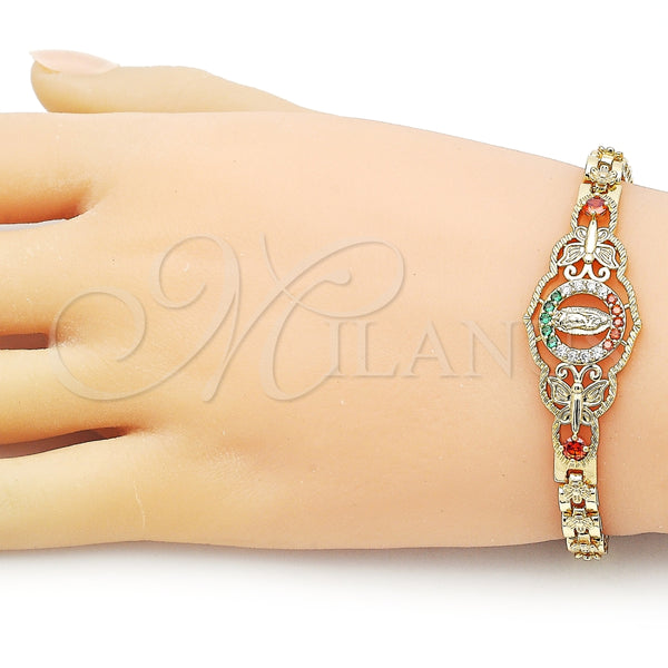 Pulsera Elegante 03.283.0409.1.07 Oro Laminado, Diseño de Guadalupe y Mariposa, con Granate Cristal and Multicolor Zirconia Cubica, Pulido, Tono Dorado (06 MM Thickness, 7 Inches Length)