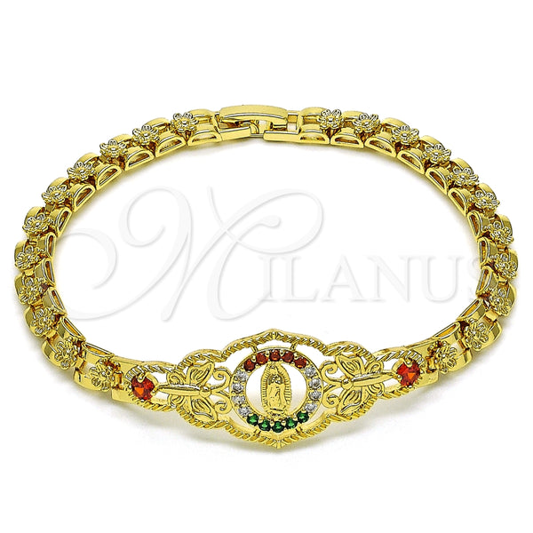 Pulsera Elegante 03.283.0409.1.07 Oro Laminado, Diseño de Guadalupe y Mariposa, con Granate Cristal and Multicolor Zirconia Cubica, Pulido, Tono Dorado (06 MM Thickness, 7 Inches Length)