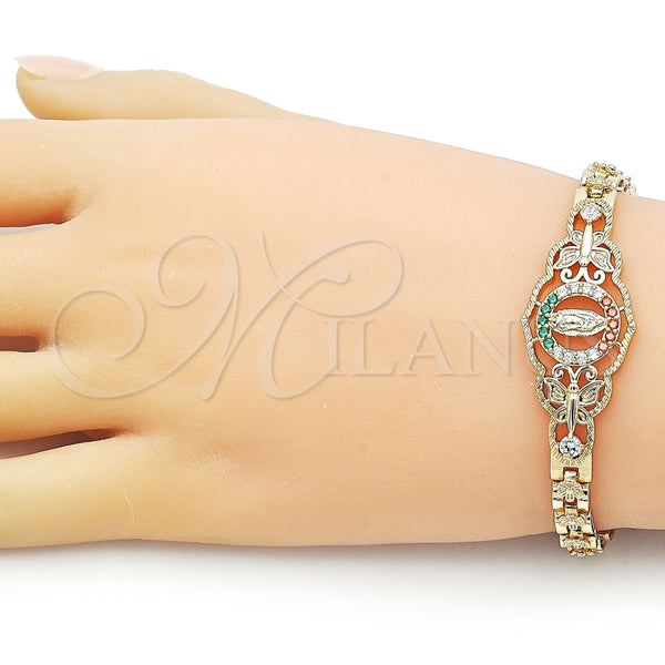 Pulsera Elegante 03.283.0409.2.07 Oro Laminado, Diseño de Guadalupe y Mariposa, con Blanca and Multicolor Zirconia Cubica, Pulido, Tono Dorado (06 MM Thickness, 7 Inches Length)