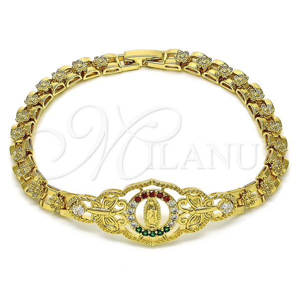 Pulsera Elegante 03.283.0409.2.07 Oro Laminado, Diseño de Guadalupe y Mariposa, con Blanca and Multicolor Zirconia Cubica, Pulido, Tono Dorado (06 MM Thickness, 7 Inches Length)