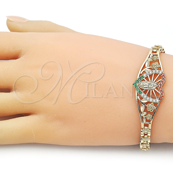 Pulsera Elegante 03.283.0410.1.07 Oro Laminado, Diseño de Guadalupe y Corazón, con Blanca Zirconia Cubica, Pulido, Tono Dorado (06 MM Thickness, 7 Inches Length)