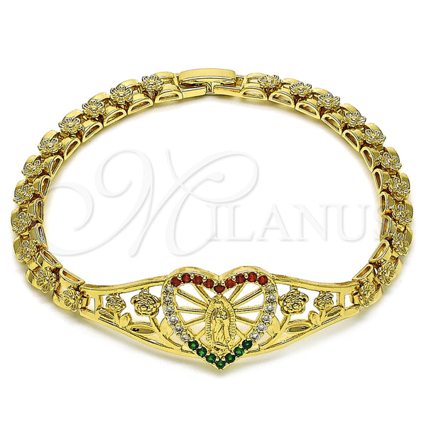 Pulsera Elegante 03.283.0410.1.07 Oro Laminado, Diseño de Guadalupe y Corazón, con Blanca Zirconia Cubica, Pulido, Tono Dorado (06 MM Thickness, 7 Inches Length)