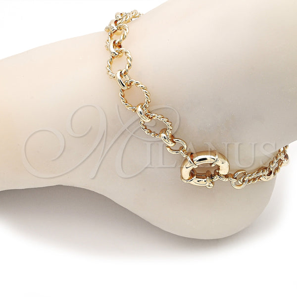 Tobillera Elegante 03.415.0006.10 Oro Laminado, Diseño de Rolo y Torcido, Pulido, Tono Dorado (12 MM Thickness, 10 Inches Length)