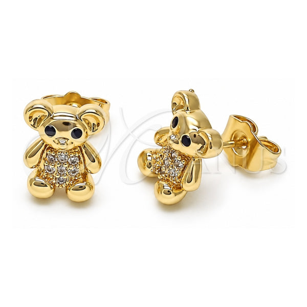 Arete Dormilona 02.411.0008 Oro Laminado, Diseño de Osito, con Micro Pave Blanca, Pulido, Tono Dorado