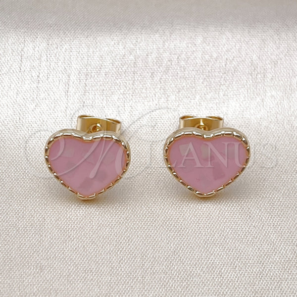 Arete Dormilona 02.411.0024.1 Oro Laminado, Diseño de Corazón, con Marfil Madre Perla, Esmaltado Rosado, Tono Dorado