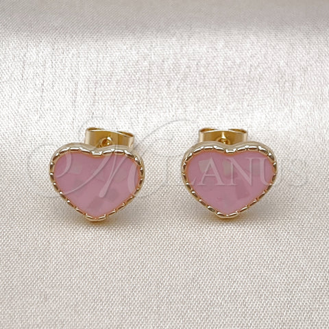 Arete Dormilona 02.411.0024.1 Oro Laminado, Diseño de Corazón, con Marfil Madre Perla, Esmaltado Rosado, Tono Dorado