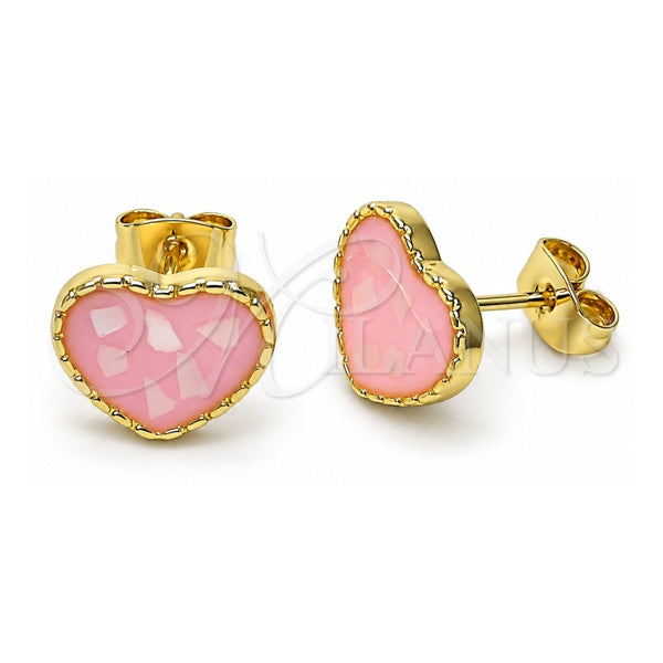 Arete Dormilona 02.411.0024.1 Oro Laminado, Diseño de Corazón, con Marfil Madre Perla, Esmaltado Rosado, Tono Dorado