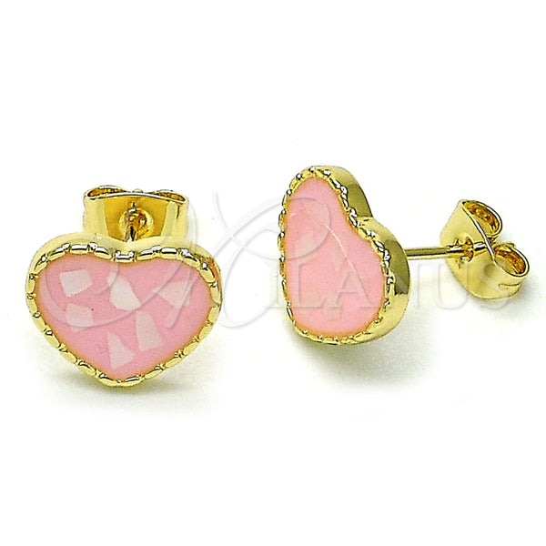Arete Dormilona 02.411.0024.1 Oro Laminado, Diseño de Corazón, con Marfil Madre Perla, Esmaltado Rosado, Tono Dorado