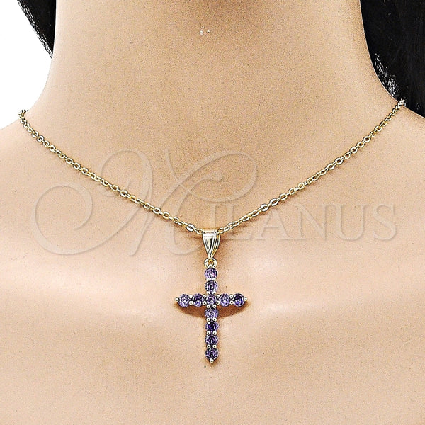 Dije Religioso 05.253.0183.4 Oro Laminado, Diseño de Cruz, con Amatista Zirconia Cubica, Pulido, Tono Dorado