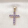 Dije Religioso 05.253.0183.4 Oro Laminado, Diseño de Cruz, con Amatista Zirconia Cubica, Pulido, Tono Dorado