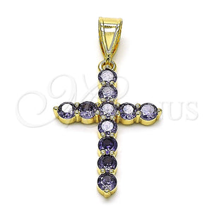 Dije Religioso 05.253.0183.4 Oro Laminado, Diseño de Cruz, con Amatista Zirconia Cubica, Pulido, Tono Dorado