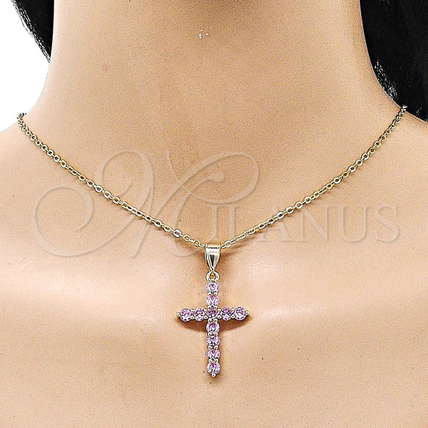 Dije Religioso 05.253.0183.5 Oro Laminado, Diseño de Cruz, con Zirconia Cubica Rosado, Pulido, Tono Dorado