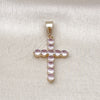 Dije Religioso 05.253.0183.5 Oro Laminado, Diseño de Cruz, con Zirconia Cubica Rosado, Pulido, Tono Dorado
