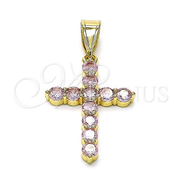 Dije Religioso 05.253.0183.5 Oro Laminado, Diseño de Cruz, con Zirconia Cubica Rosado, Pulido, Tono Dorado