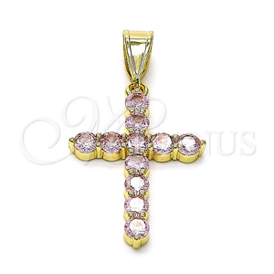 Dije Religioso 05.253.0183.5 Oro Laminado, Diseño de Cruz, con Zirconia Cubica Rosado, Pulido, Tono Dorado