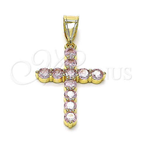 Dije Religioso 05.253.0183.5 Oro Laminado, Diseño de Cruz, con Zirconia Cubica Rosado, Pulido, Tono Dorado