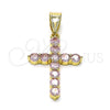 Dije Religioso 05.253.0183.5 Oro Laminado, Diseño de Cruz, con Zirconia Cubica Rosado, Pulido, Tono Dorado