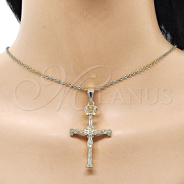 Dije Religioso 05.253.0185 Oro Laminado, Diseño de Crucifijo y Cruz, con Blanca Zirconia Cubica, Pulido, Tono Dorado