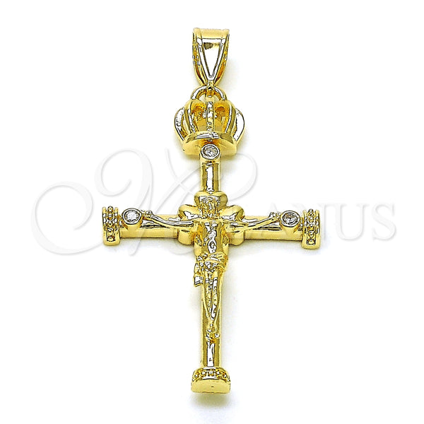Dije Religioso 05.253.0185 Oro Laminado, Diseño de Crucifijo y Cruz, con Blanca Zirconia Cubica, Pulido, Tono Dorado