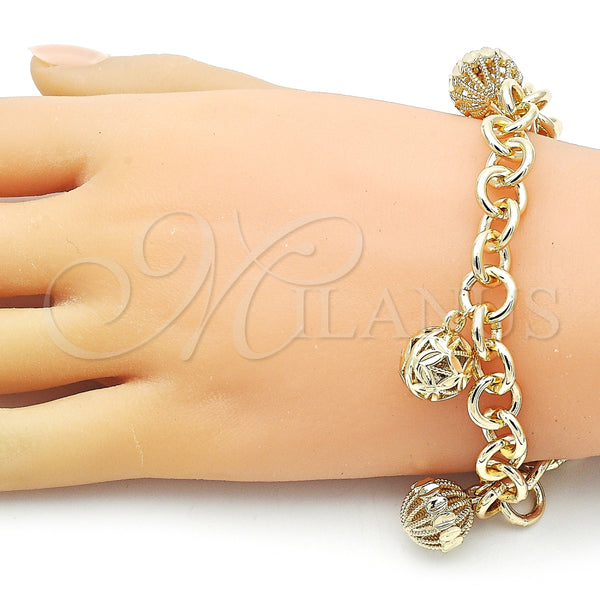 Pulsera de Dije 03.331.0305.08 Oro Laminado, Diseño de Bola y Rolo, Diamantado, Tono Dorado (10 MM Thickness, 9 Inches Length)