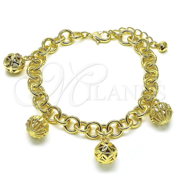 Pulsera de Dije 03.331.0305.08 Oro Laminado, Diseño de Bola y Rolo, Diamantado, Tono Dorado (10 MM Thickness, 9 Inches Length)