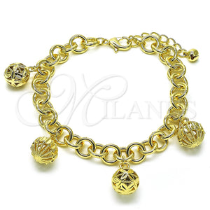 Pulsera de Dije 03.331.0305.08 Oro Laminado, Diseño de Bola y Rolo, Diamantado, Tono Dorado (10 MM Thickness, 9 Inches Length)