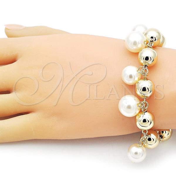Pulsera de Dije 03.331.0310.09 Oro Laminado, Diseño de Bola y Hueco, con Marfil Perla, Pulido, Tono Dorado (12 MM Thickness, 9 Inches Length)