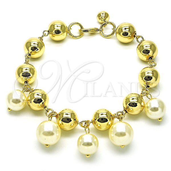 Pulsera de Dije 03.331.0310.09 Oro Laminado, Diseño de Bola y Hueco, con Marfil Perla, Pulido, Tono Dorado (12 MM Thickness, 9 Inches Length)
