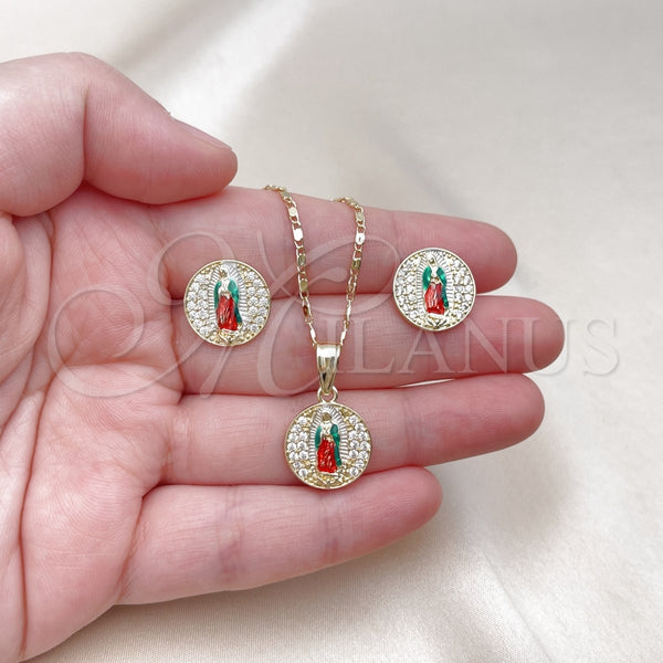 Juego de Arete y Dije de Adulto 10.411.0006 Oro Laminado, Diseño de Guadalupe, con Blanca Zirconia Cubica, Pulido, Tres Tonos
