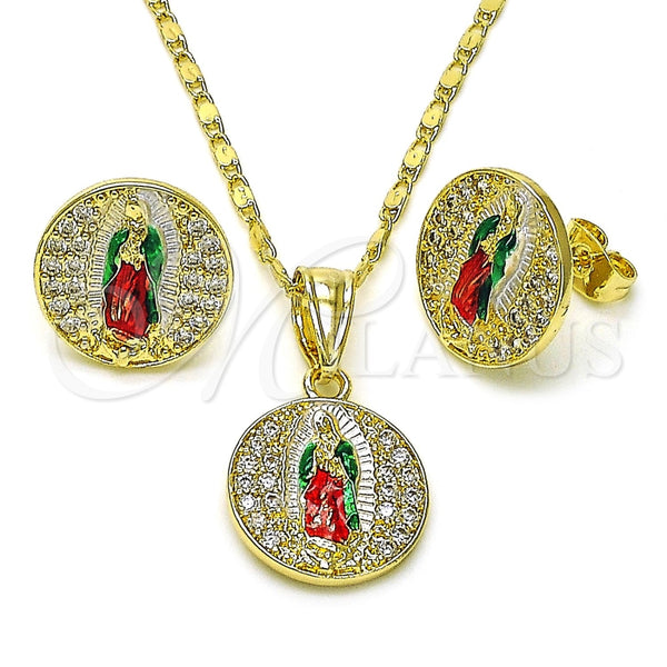 Juego de Arete y Dije de Adulto 10.411.0006 Oro Laminado, Diseño de Guadalupe, con Blanca Zirconia Cubica, Pulido, Tres Tonos