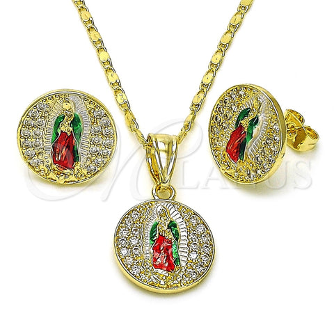 Juego de Arete y Dije de Adulto 10.411.0006 Oro Laminado, Diseño de Guadalupe, con Blanca Zirconia Cubica, Pulido, Tres Tonos