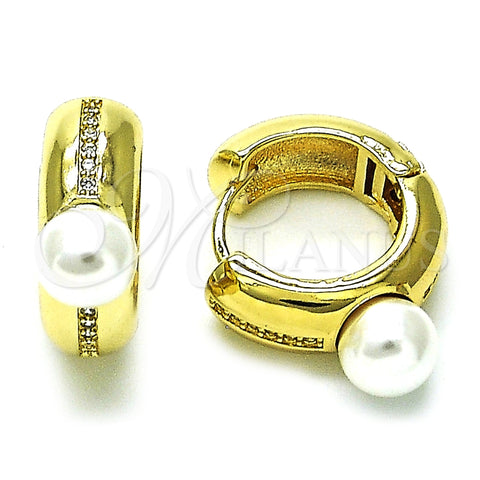 Argolla Huggie 02.204.0002.18 Oro Laminado, con Marfil Perla and Blanca Micro Pave, Pulido, Tono Dorado