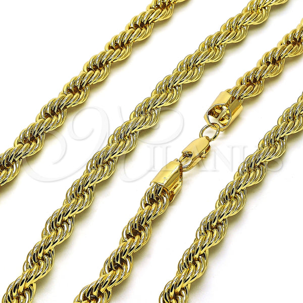 Gargantilla Basica 04.213.0334.24 Oro Laminado, Diseño de Rope, Pulido, Tono Dorado (08 MM Thickness, 24 Inches Length)