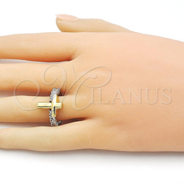 Anillo Multi Piedra 01.341.0153 Oro Laminado, Diseño de Cruz, con Blanca Zirconia Cubica, Pulido, Dos Tonos (One size fits all)