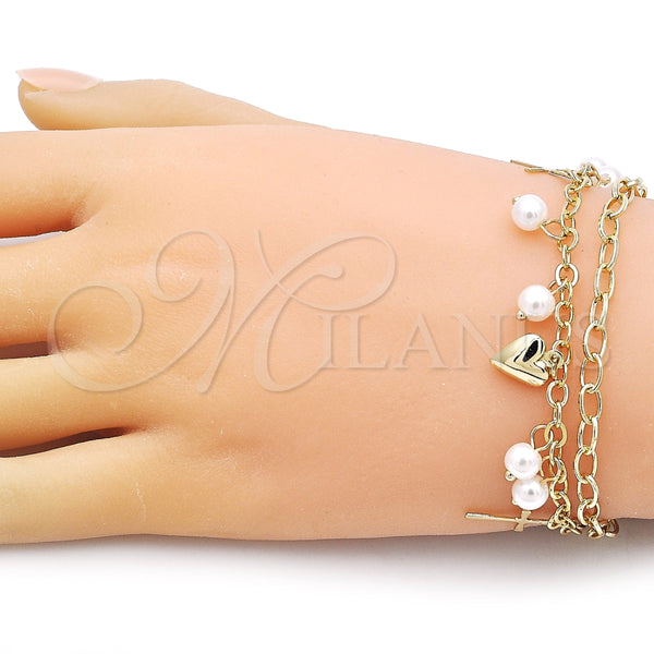 Pulsera de Dije 03.213.0283.07 Oro Laminado, Diseño de Rolo y Corazón, con Perla Marfil, Pulido, Tono Dorado (Grosor 22 MM, 7 Pulgadas de Largo)