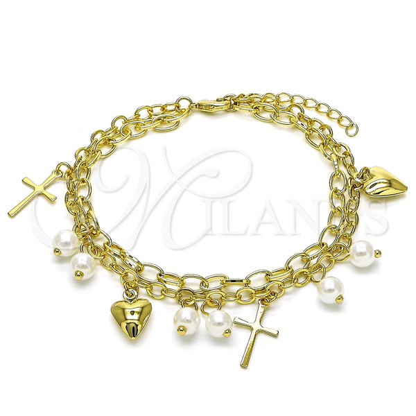 Pulsera de Dije 03.213.0283.07 Oro Laminado, Diseño de Rolo y Corazón, con Perla Marfil, Pulido, Tono Dorado (Grosor 22 MM, 7 Pulgadas de Largo)