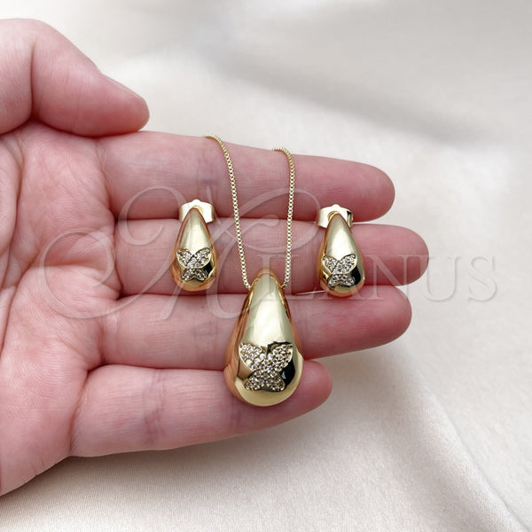 Juego de Arete y Dije de Adulto 10.313.0006 Oro Laminado, Diseño de Gota y Mariposa, con Blanca Zirconia Cubica, Pulido, Tono Dorado