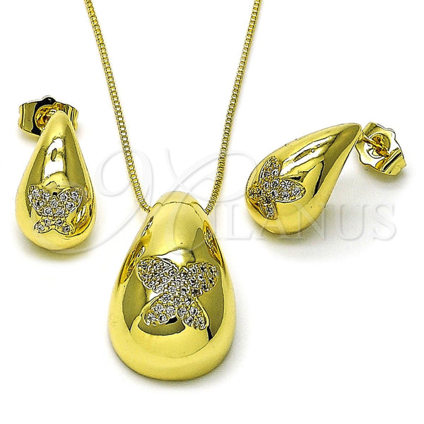 Juego de Arete y Dije de Adulto 10.313.0006 Oro Laminado, Diseño de Gota y Mariposa, con Blanca Zirconia Cubica, Pulido, Tono Dorado